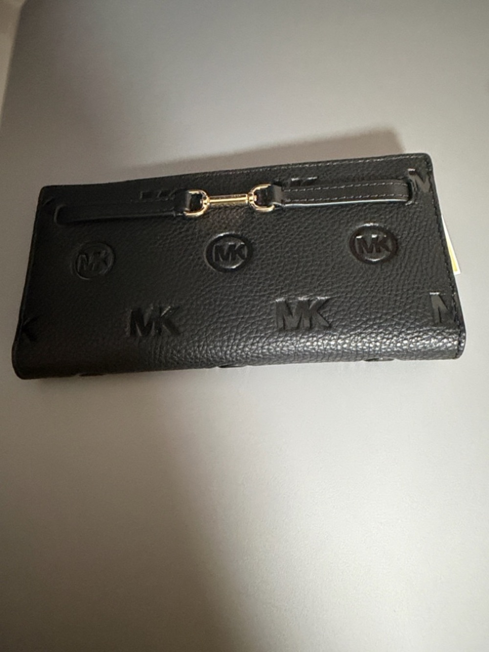 Michael Kors Black Embossed Logo Continental Wallet with Gold Accent